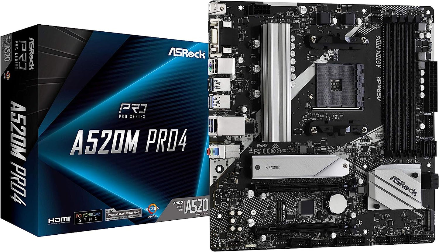 Asrock A520M PRO4, AMD A520, AM4, Micro ATX, 2 DDR4, VGA, HDMI, DP, M.2