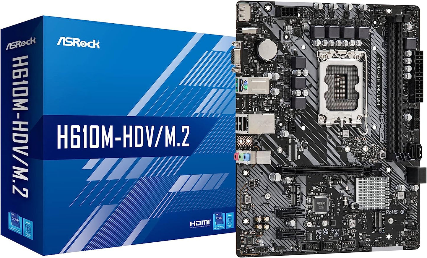 Asrock H610M-HDV/M.2 R2.0, Intel H610, 1700, Micro ATX, 2 DDR4, VGA, HDMI, DP, PCIe4, 1x M.2